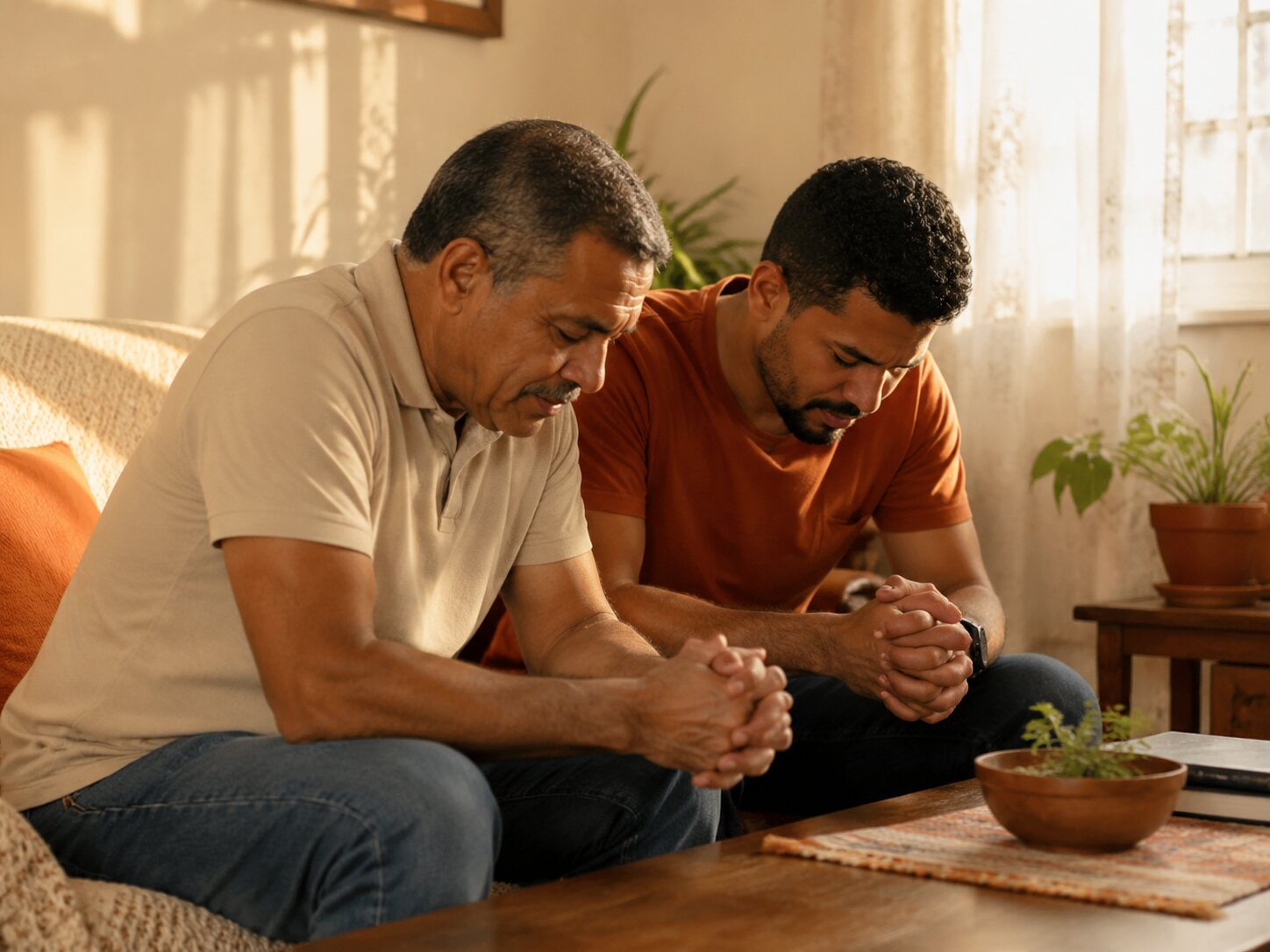 Dois homens orando juntos em casa
