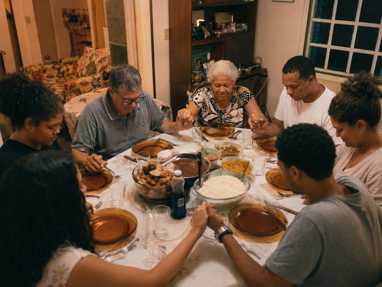 Pessoas reunidas em uma refeição, de mãos dadas